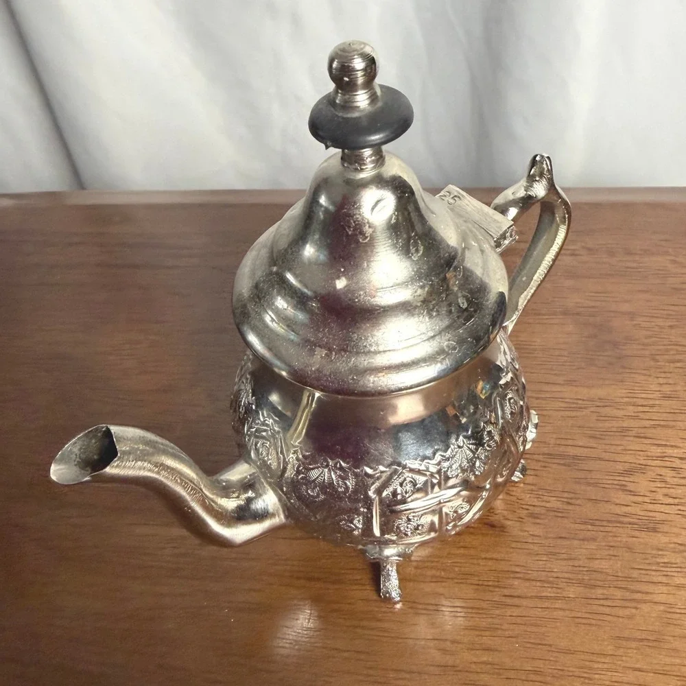 VTG Moroccan Silver Plate Teapot Repousse Footed Fez Style Wood Finial Signed